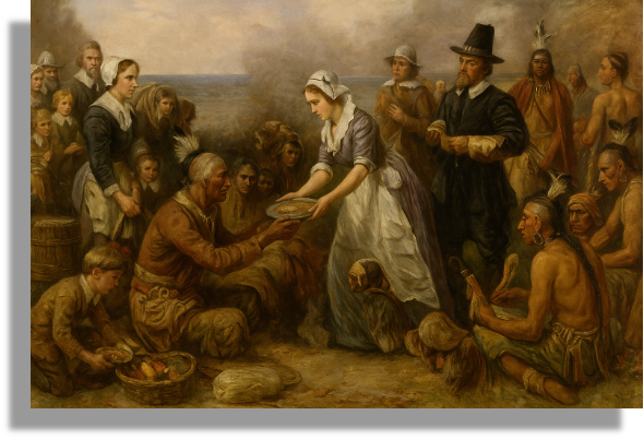 Pilgrims and Wampanoag sharing the 1621 Thanksgiving feast outdoors at Plymouth.